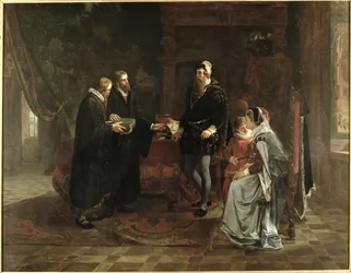 Re Gustavo I Vasa (c.1496-1560) di Svezia riceve la traduzione svedese della Bibbia, 1870